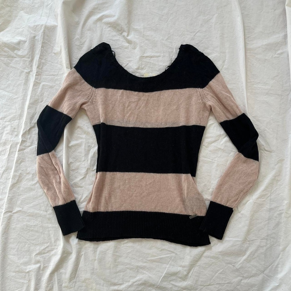 Y2K guess black cream striped scoop neck sweater size M angora cotton blend flaw